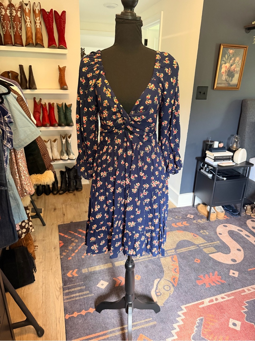 Angie Navy Floral Mini Dress with V-Neck